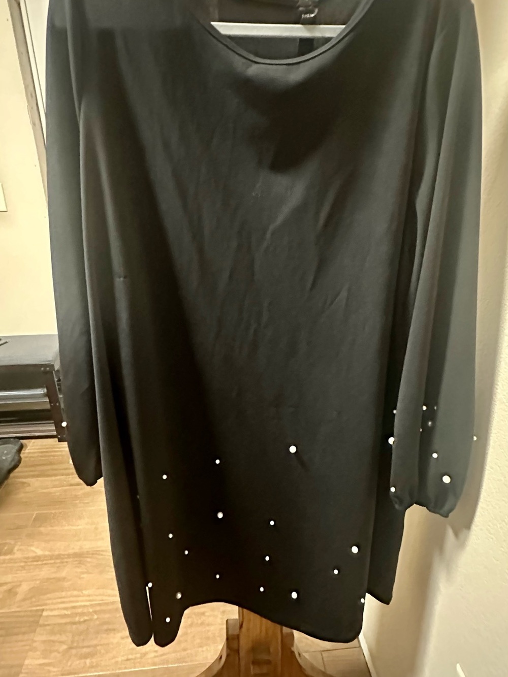 SHEIN Black Long Sleeve Shift Dress with Pearl Accents